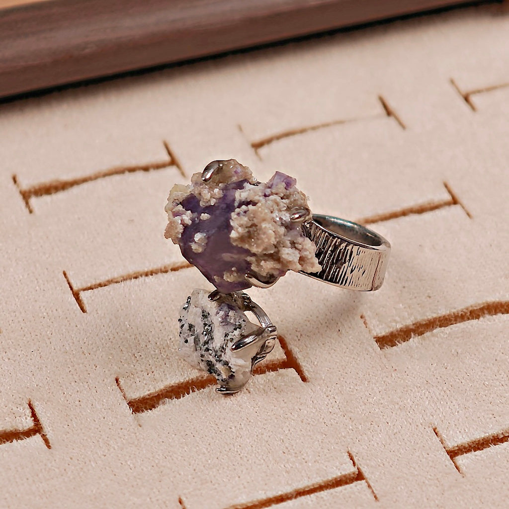 Raw Phantom Fluorite+Pyrite Adjustable Ring – Natural Mineral Stone Ring, Handmade One of a Kind Jewelry-018