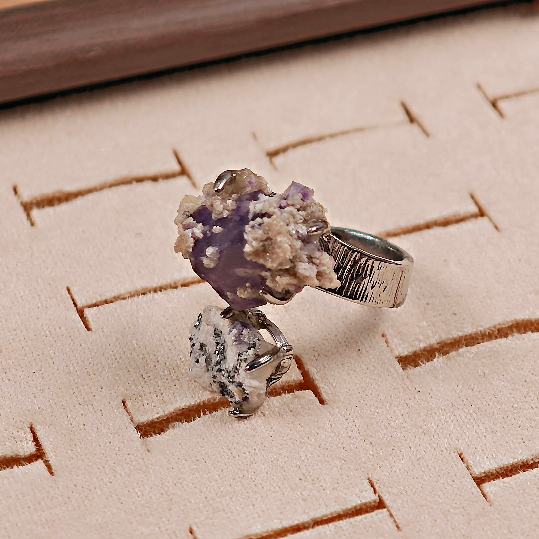 Raw Phantom Fluorite+Pyrite Adjustable Ring – Natural Mineral Stone Ring, Handmade One of a Kind Jewelry-018