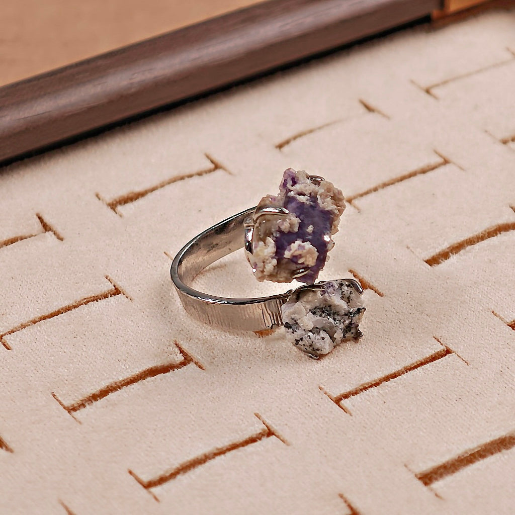 Raw Phantom Fluorite+Pyrite Adjustable Ring – Natural Mineral Stone Ring, Handmade One of a Kind Jewelry-018