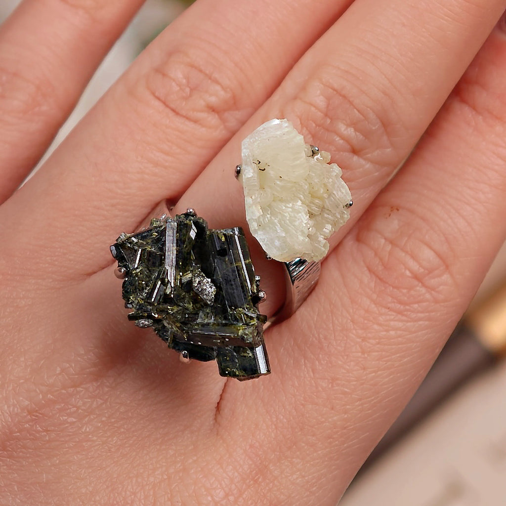 Raw Green Tourmaline+Prehnite Adjustable Ring – Natural Mineral Stone Ring, Handmade One of a Kind Jewelry-019