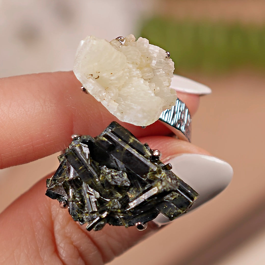 Raw Green Tourmaline+Prehnite Adjustable Ring – Natural Mineral Stone Ring, Handmade One of a Kind Jewelry-019