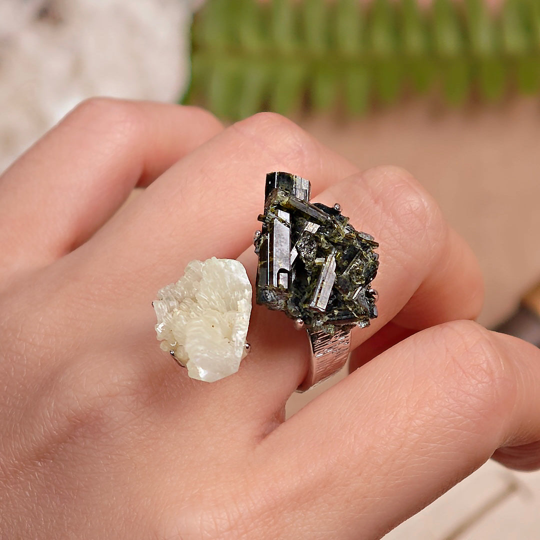 Raw Green Tourmaline+Prehnite Adjustable Ring – Natural Mineral Stone Ring, Handmade One of a Kind Jewelry-019