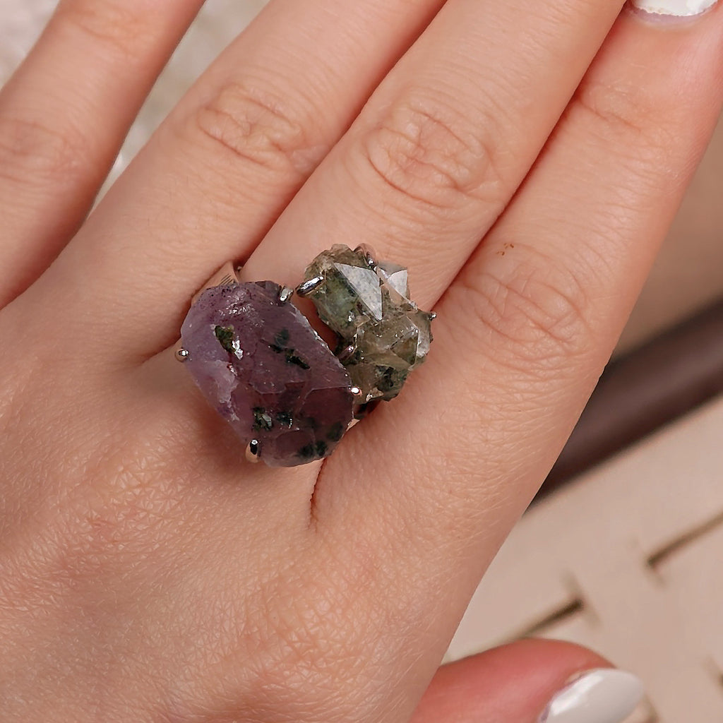 Raw Garden Quartz+Prase Adjustable Ring – Natural Mineral Stone Ring, Handmade One of a Kind Jewelry-020