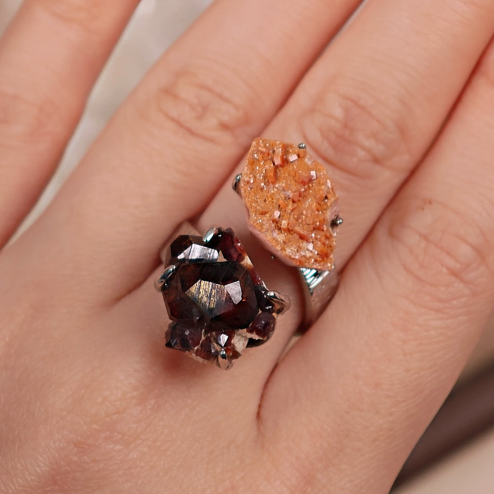 Raw Garnet+Vanadinite Adjustable Ring – Natural Mineral Stone Ring, Handmade One of a Kind Jewelry-021