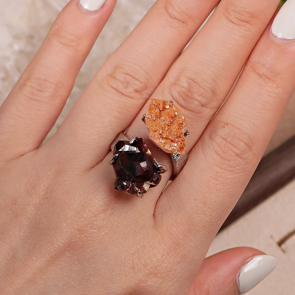 Raw Garnet+Vanadinite Adjustable Ring – Natural Mineral Stone Ring, Handmade One of a Kind Jewelry-021