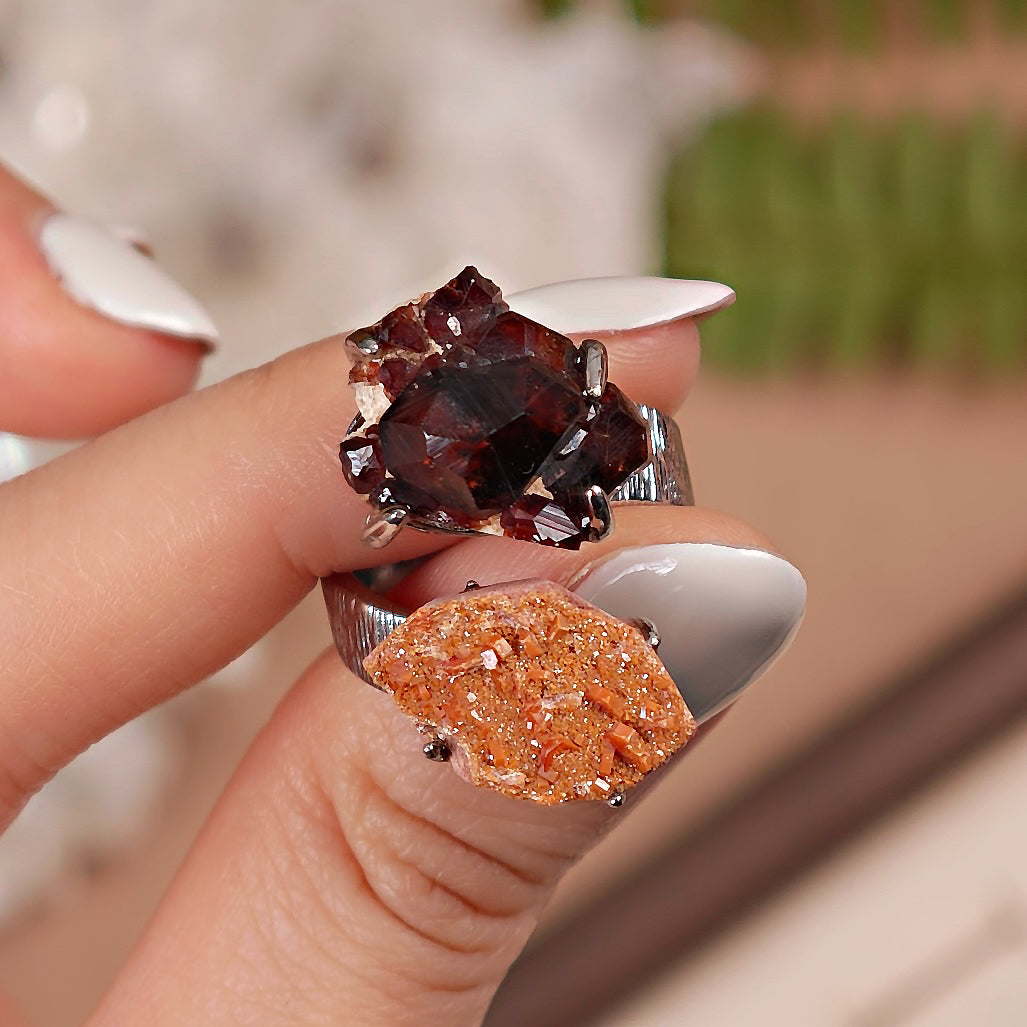 Raw Garnet+Vanadinite Adjustable Ring – Natural Mineral Stone Ring, Handmade One of a Kind Jewelry-021