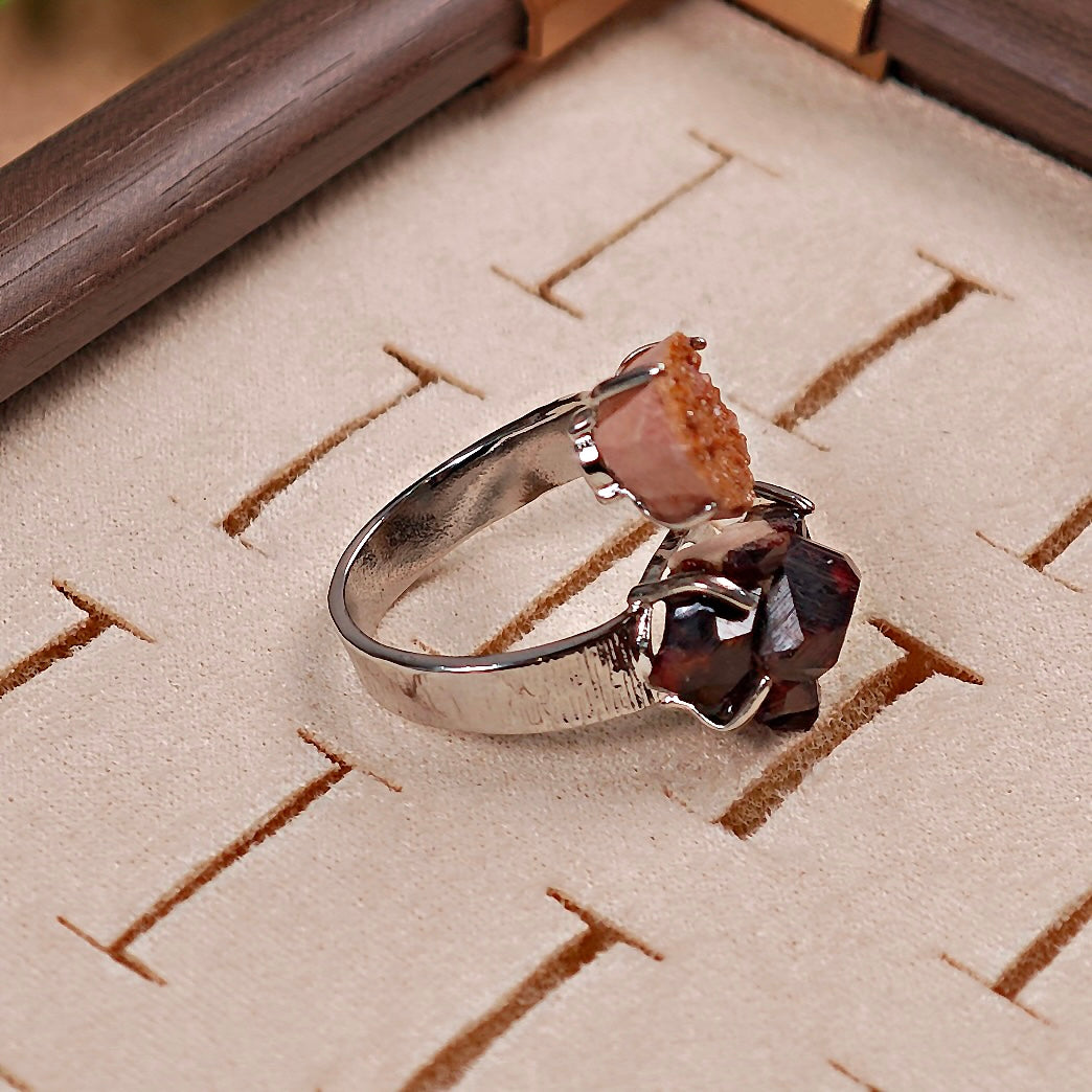Raw Garnet+Vanadinite Adjustable Ring – Natural Mineral Stone Ring, Handmade One of a Kind Jewelry-021