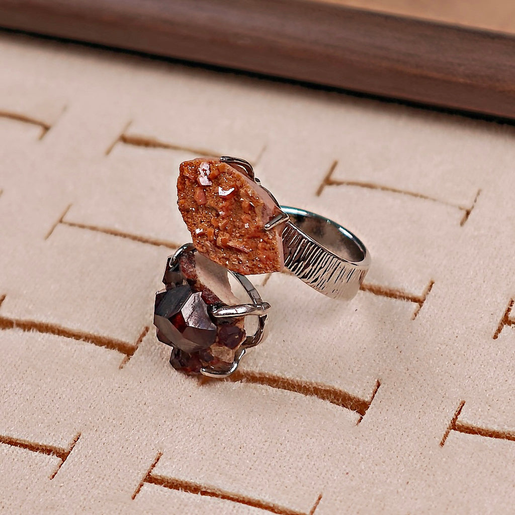 Raw Garnet+Vanadinite Adjustable Ring – Natural Mineral Stone Ring, Handmade One of a Kind Jewelry-021
