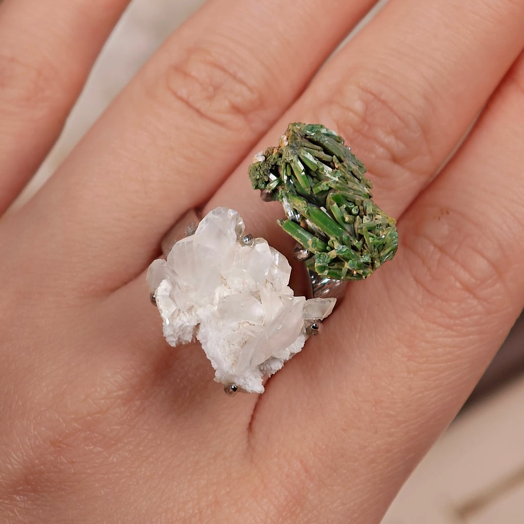 Raw Pyromorphite&Calcite Adjustable Ring – Natural Mineral Stone Ring, Handmade One of a Kind Jewelry-022