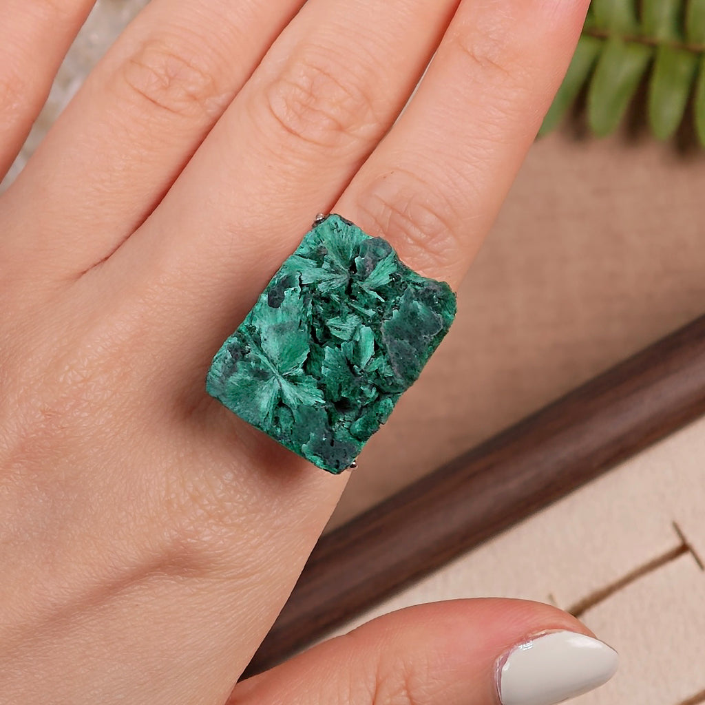 Raw Malachite Adjustable Ring – Natural Mineral Stone Ring, Handmade One of a Kind Jewelry-025
