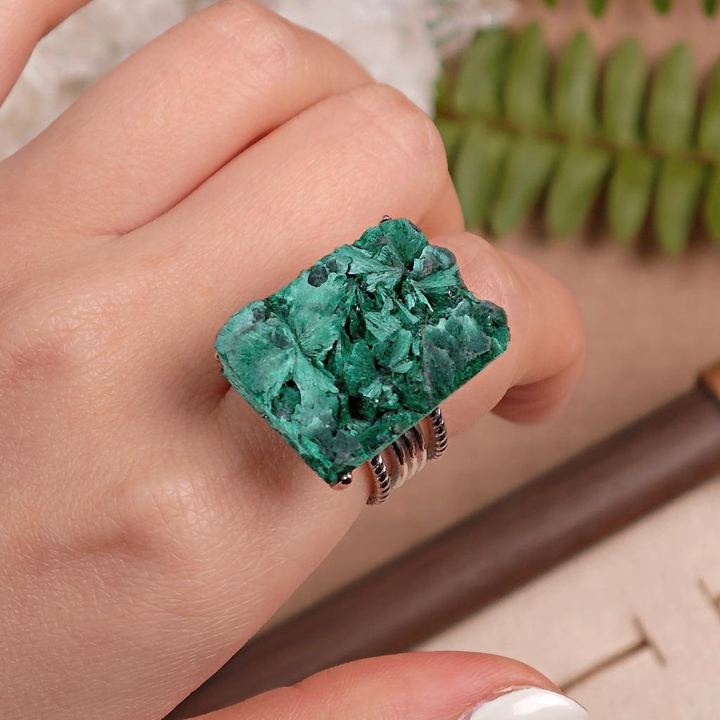 Raw Malachite Adjustable Ring – Natural Mineral Stone Ring, Handmade One of a Kind Jewelry-025