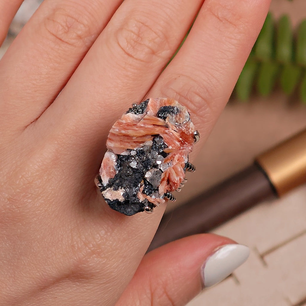 Raw Cerussite Adjustable Ring – Natural Mineral Stone Ring, Handmade One of a Kind Jewelry-026