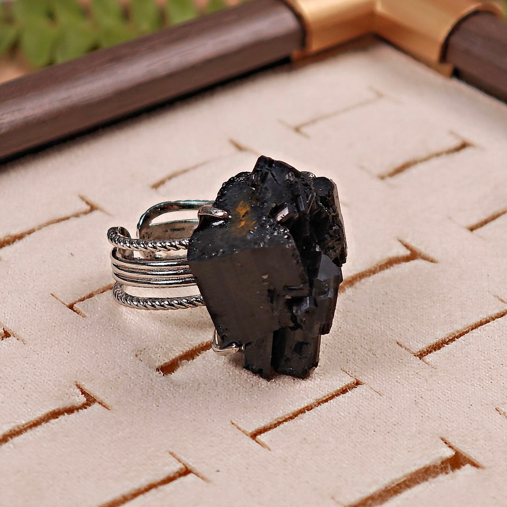 Raw Schorl Adjustable Ring – Natural Mineral Stone Ring, Handmade One of a Kind Jewelry-027