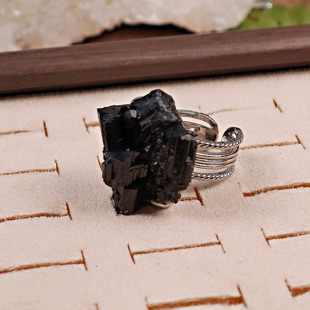 Raw Schorl Adjustable Ring – Natural Mineral Stone Ring, Handmade One of a Kind Jewelry-027