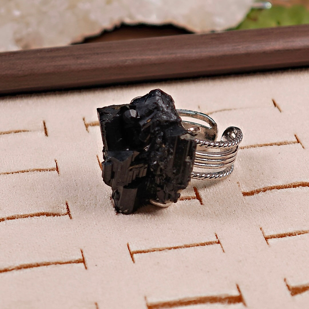 Raw Schorl Adjustable Ring – Natural Mineral Stone Ring, Handmade One of a Kind Jewelry-027
