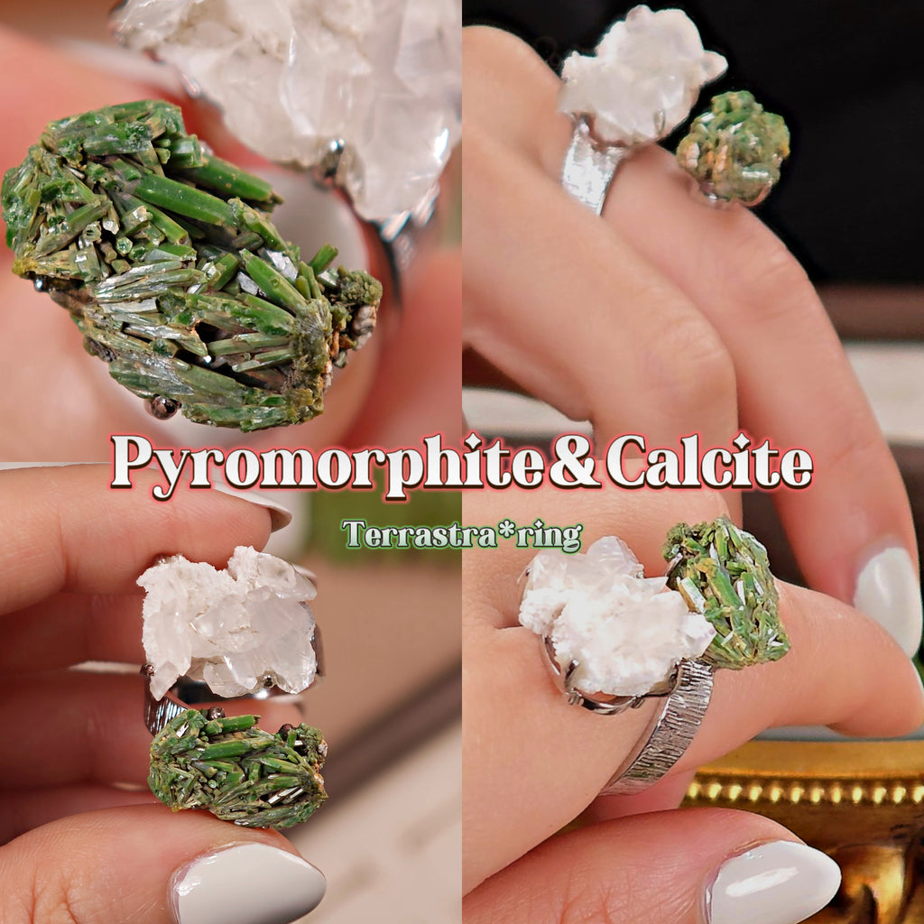 Raw Pyromorphite&Calcite Adjustable Ring – Natural Mineral Stone Ring, Handmade One of a Kind Jewelry-022