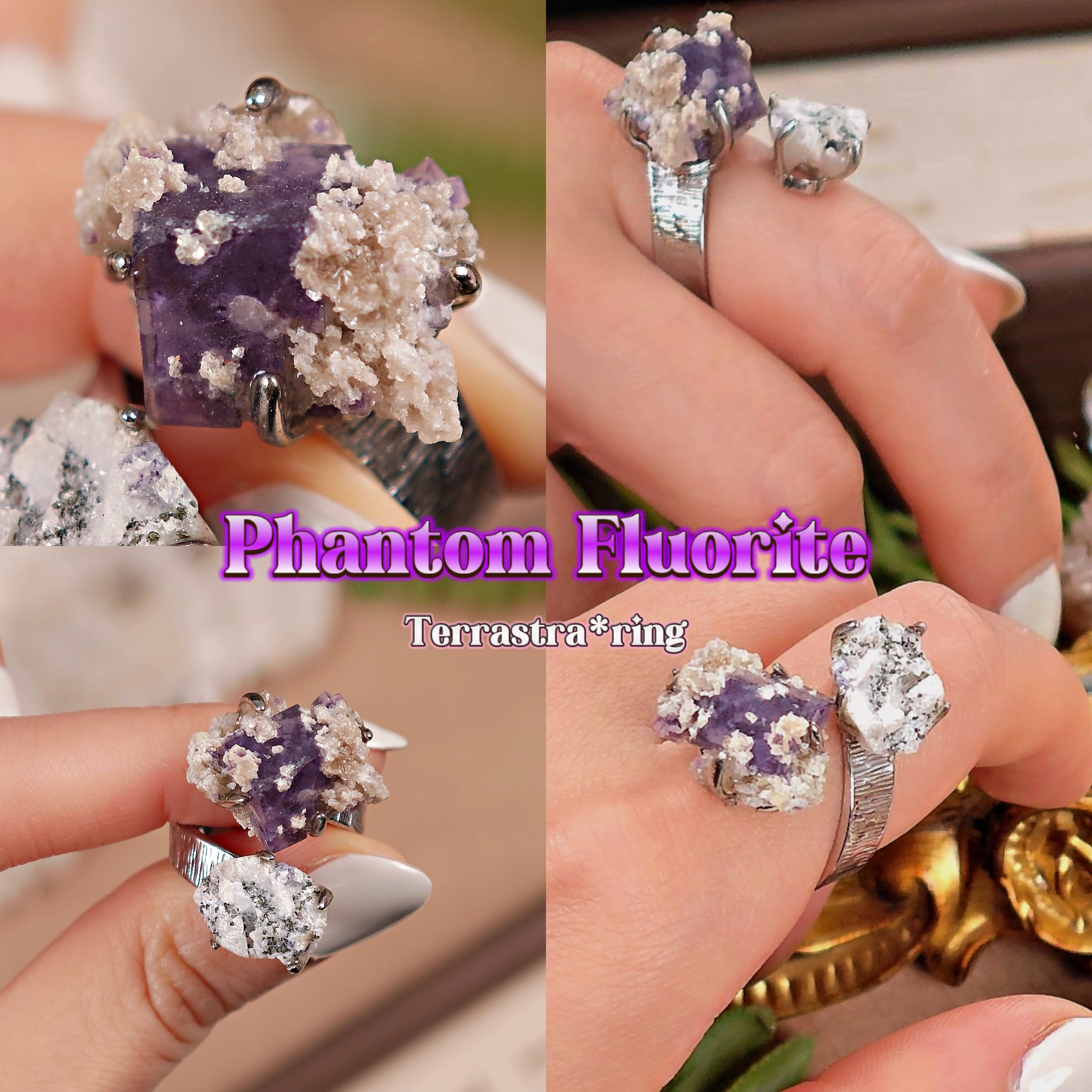 Raw Phantom Fluorite+Pyrite Adjustable Ring – Natural Mineral Stone Ring, Handmade One of a Kind Jewelry-018