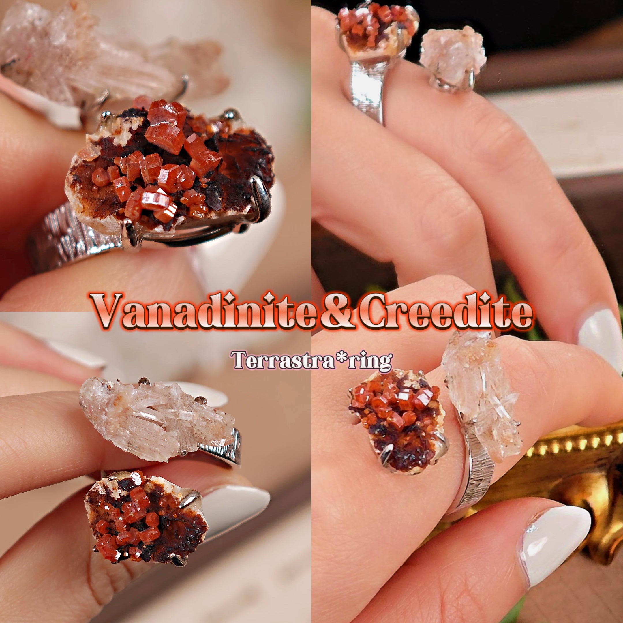 Raw Garnet+Creedite Adjustable Ring – Natural Mineral Stone Ring, Handmade One of a Kind Jewelry-017