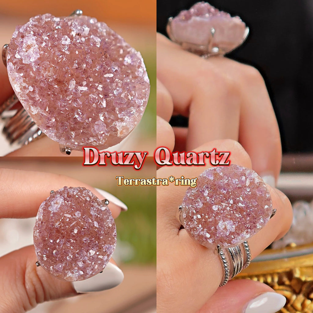Raw Druzy Quartz Adjustable Ring – Natural Mineral Stone Ring, Handmade One of a Kind Jewelry-014