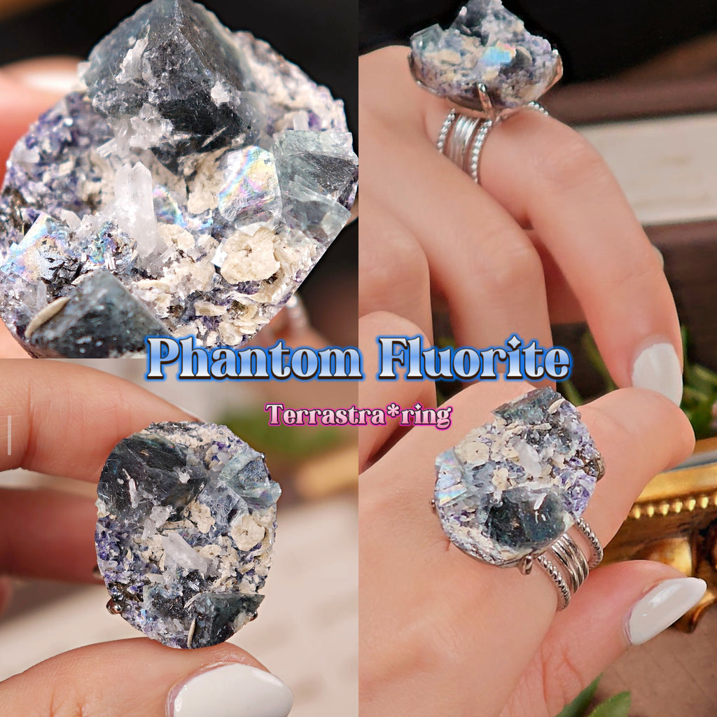 Raw Phantom Fluorite Adjustable Ring – Natural Mineral Stone Ring, Handmade One of a Kind Jewelry-004