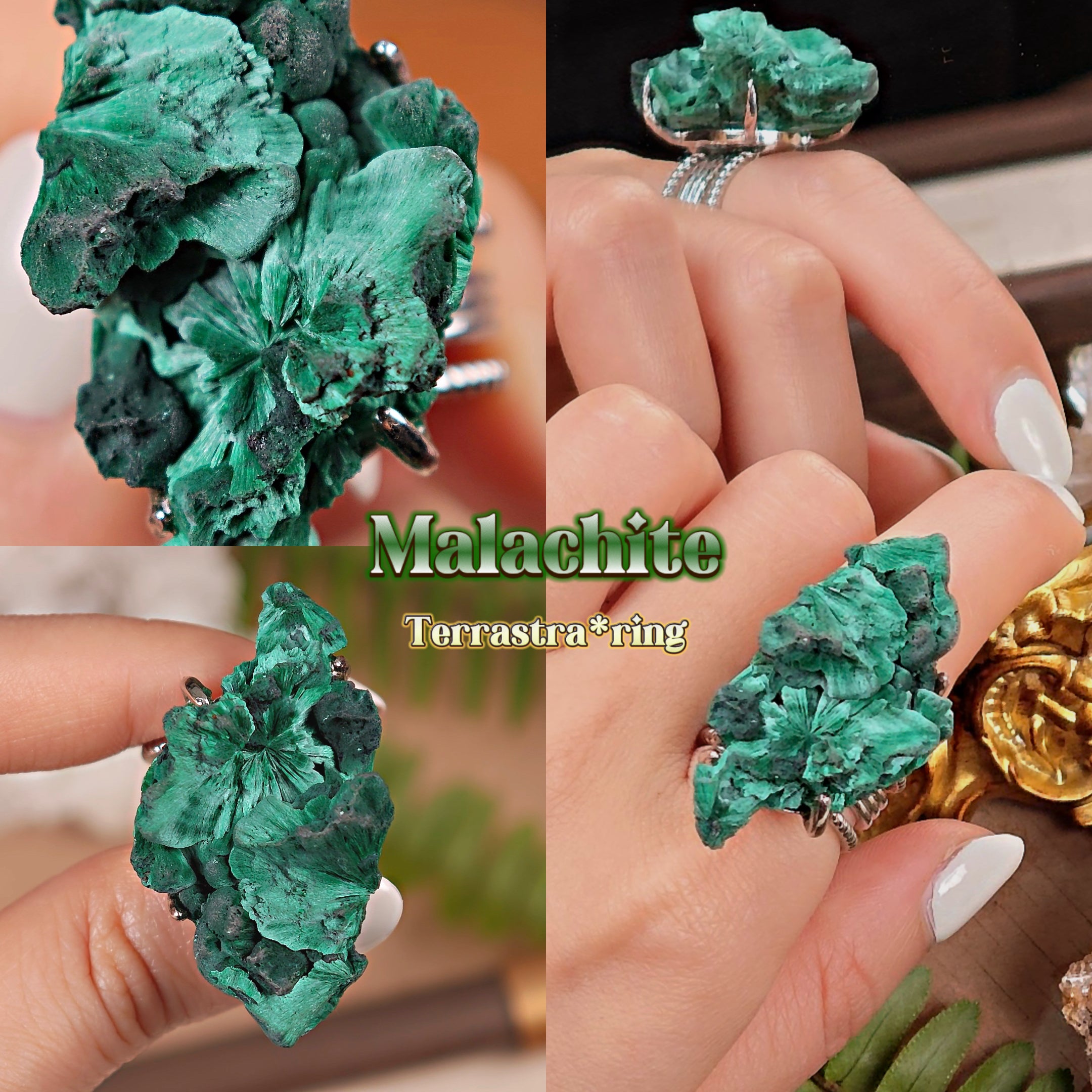 Raw Malachite Adjustable Ring – Natural Mineral Stone Ring, Handmade One of a Kind Jewelry-001