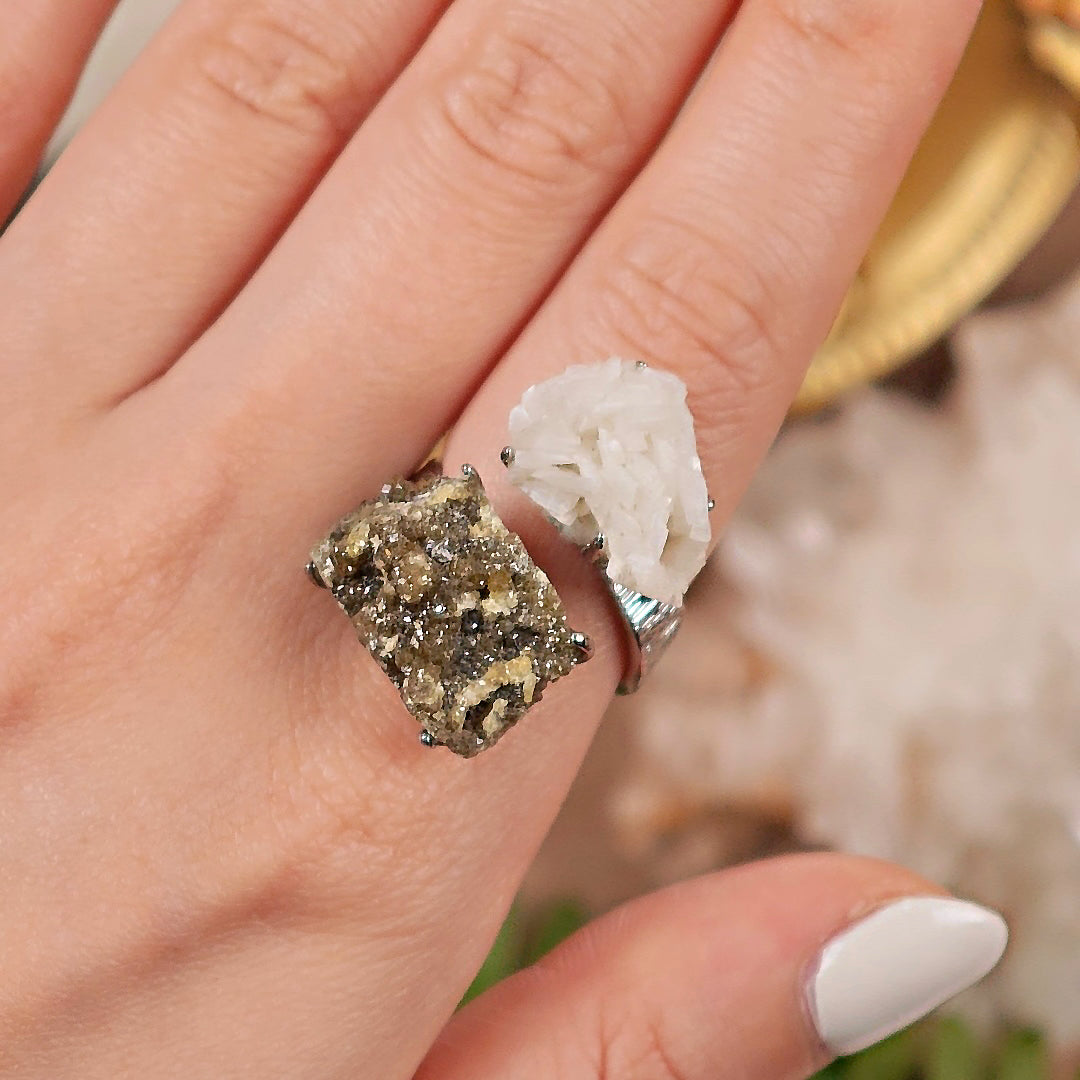 Raw Andradite × Calcite Adjustable Ring – Natural Mineral Stone Ring, Handmade One of a Kind Jewelry-029