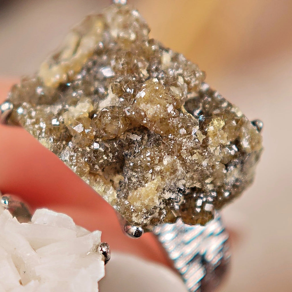 Raw Andradite × Calcite Adjustable Ring – Natural Mineral Stone Ring, Handmade One of a Kind Jewelry-029