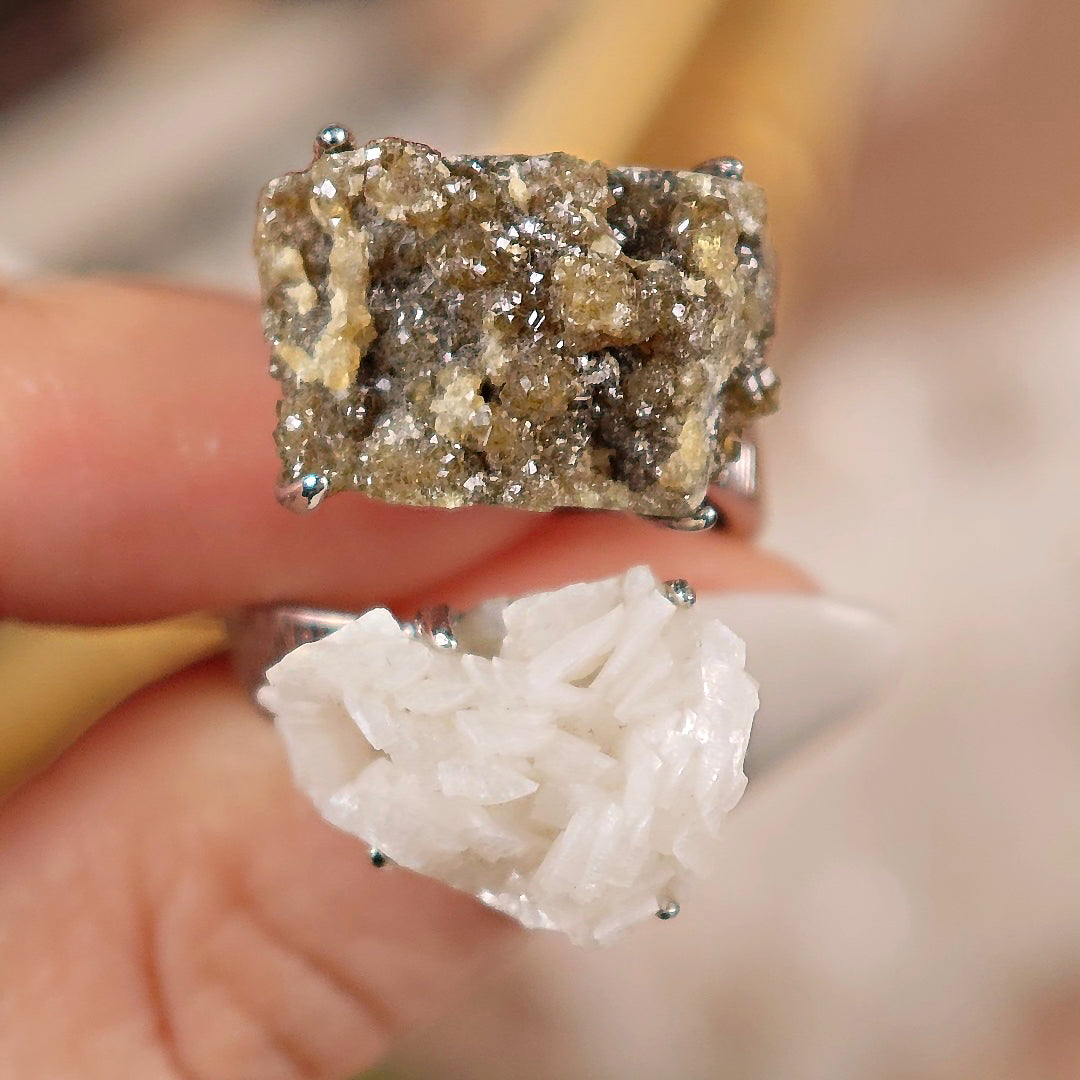 Raw Andradite × Calcite Adjustable Ring – Natural Mineral Stone Ring, Handmade One of a Kind Jewelry-029