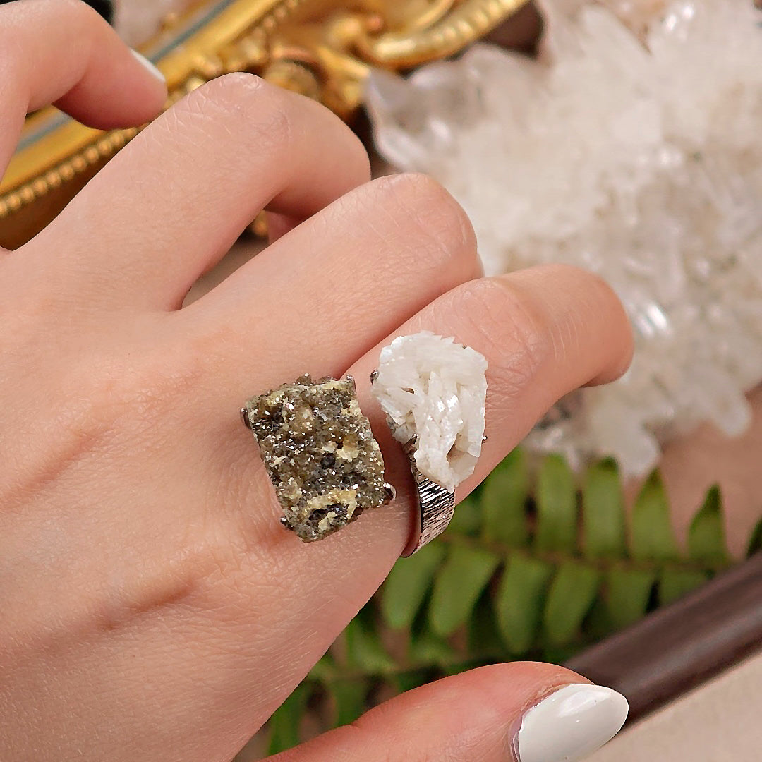 Raw Andradite × Calcite Adjustable Ring – Natural Mineral Stone Ring, Handmade One of a Kind Jewelry-029