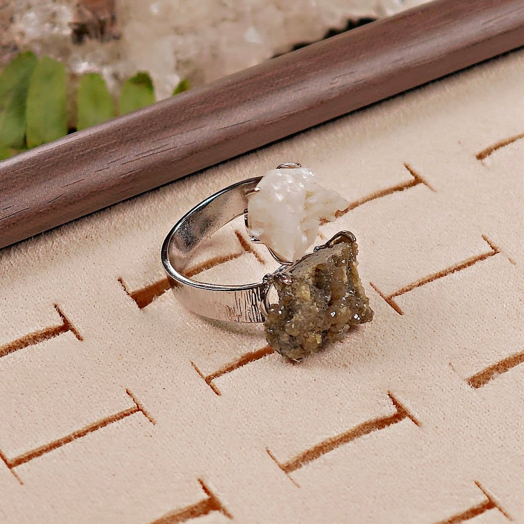 Raw Andradite × Calcite Adjustable Ring – Natural Mineral Stone Ring, Handmade One of a Kind Jewelry-029