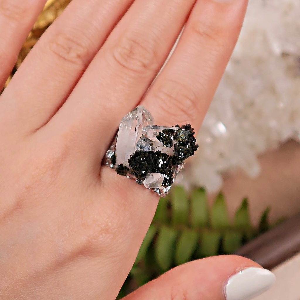 Raw Epidote × Crystal Adjustable Ring – Natural Mineral Stone Ring, Handmade One of a Kind Jewelry-045