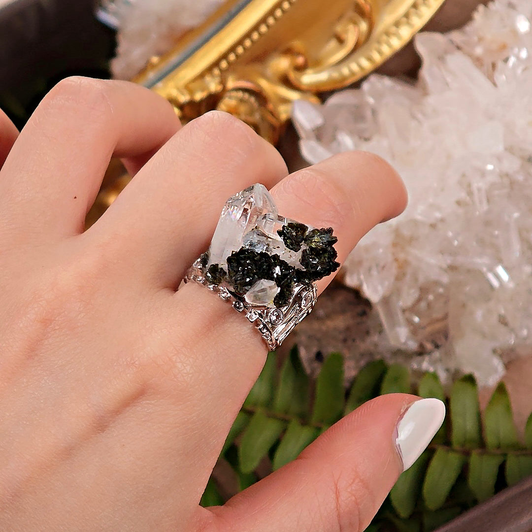 Raw Epidote × Crystal Adjustable Ring – Natural Mineral Stone Ring, Handmade One of a Kind Jewelry-045