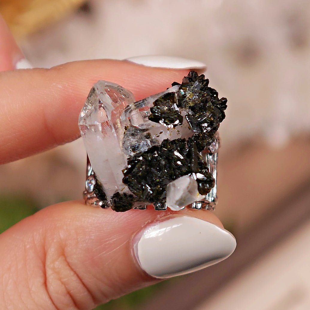 Raw Epidote × Crystal Adjustable Ring – Natural Mineral Stone Ring, Handmade One of a Kind Jewelry-045