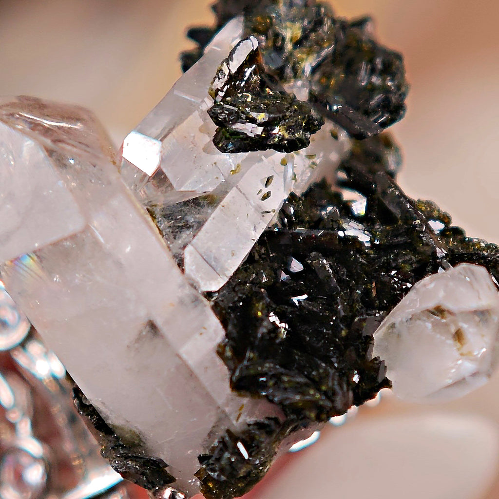 Raw Epidote × Crystal Adjustable Ring – Natural Mineral Stone Ring, Handmade One of a Kind Jewelry-045