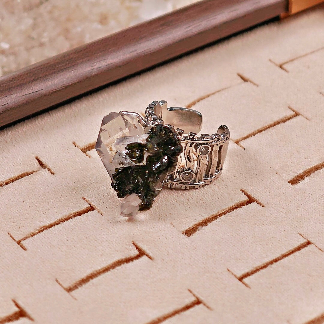Raw Epidote × Crystal Adjustable Ring – Natural Mineral Stone Ring, Handmade One of a Kind Jewelry-045