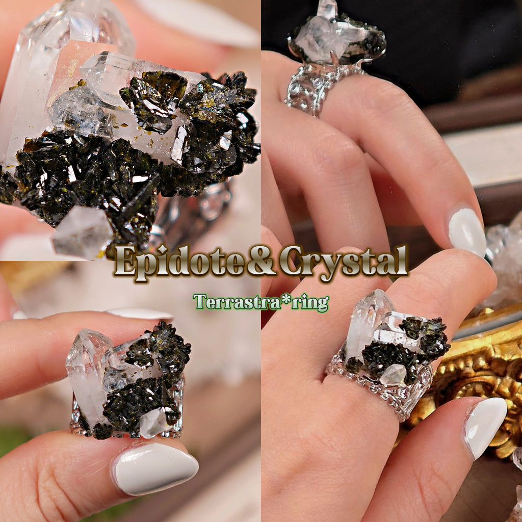 Raw Epidote × Crystal Adjustable Ring – Natural Mineral Stone Ring, Handmade One of a Kind Jewelry-045