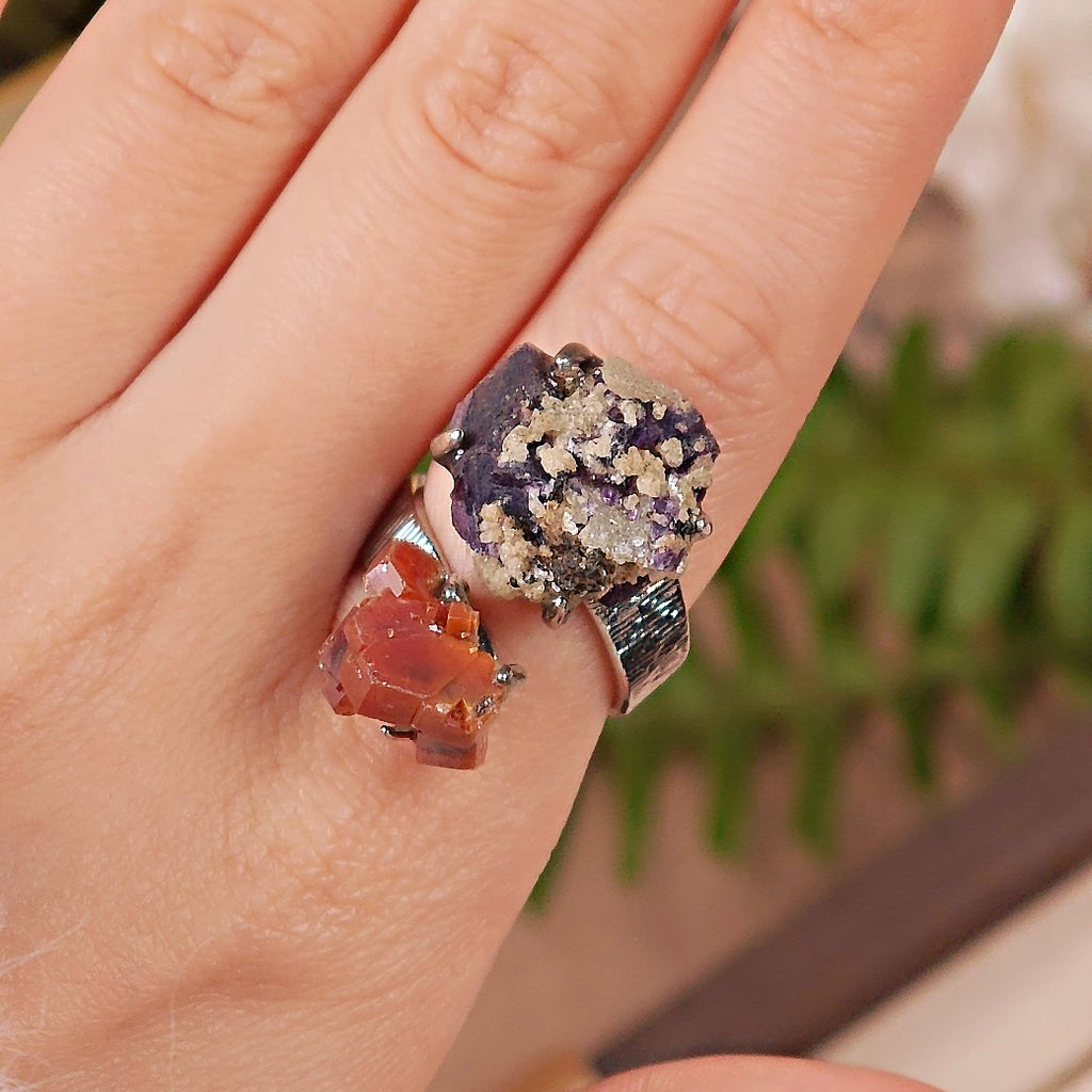 Raw Vanadinite&Phantom Fluorite Adjustable Ring – Natural Mineral Stone Ring, Handmade One of a Kind Jewelry-030