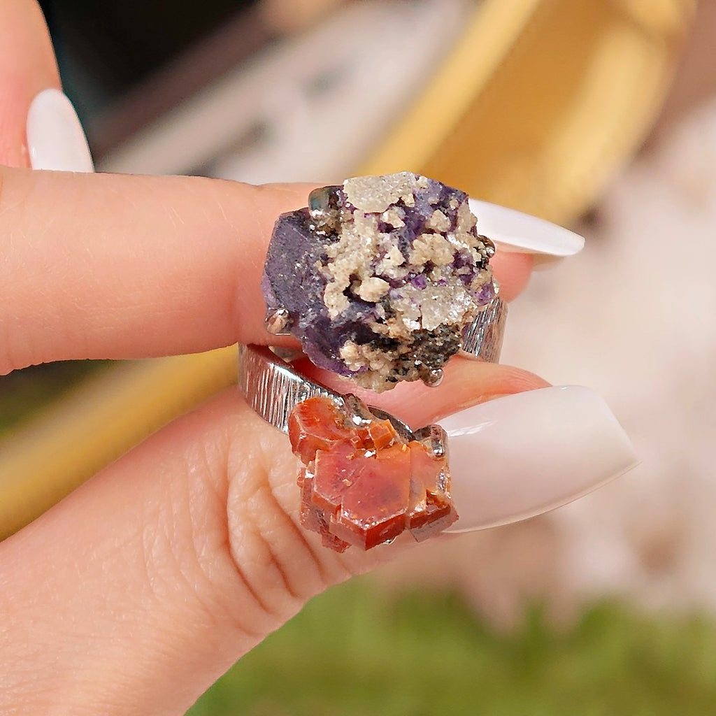 Raw Vanadinite&Phantom Fluorite Adjustable Ring – Natural Mineral Stone Ring, Handmade One of a Kind Jewelry-030