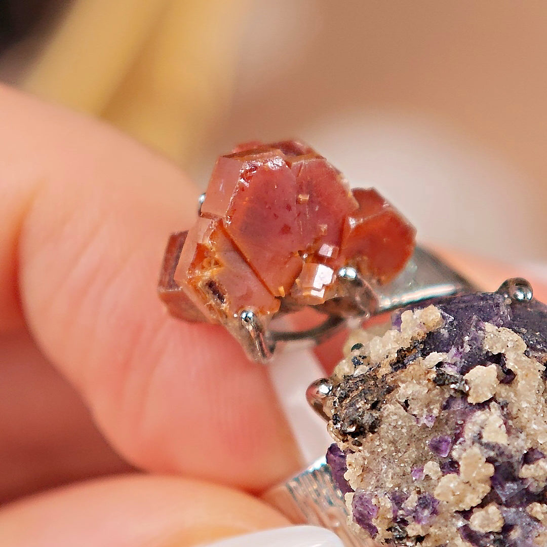 Raw Vanadinite&Phantom Fluorite Adjustable Ring – Natural Mineral Stone Ring, Handmade One of a Kind Jewelry-030