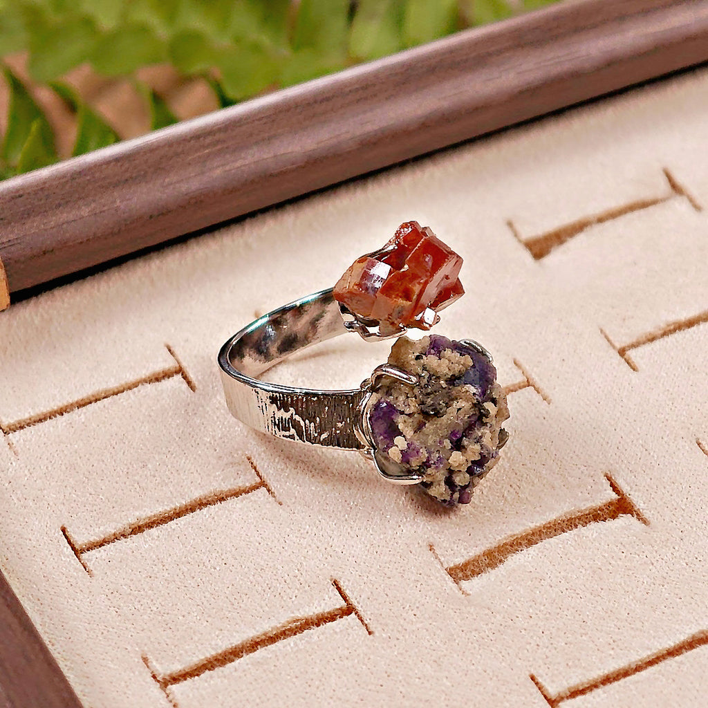 Raw Vanadinite&Phantom Fluorite Adjustable Ring – Natural Mineral Stone Ring, Handmade One of a Kind Jewelry-030
