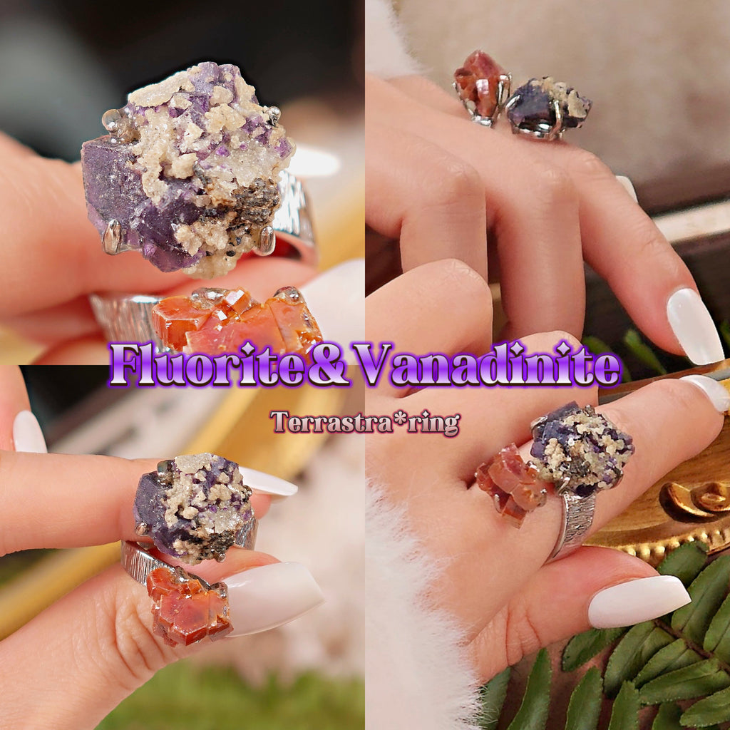Raw Vanadinite&Phantom Fluorite Adjustable Ring – Natural Mineral Stone Ring, Handmade One of a Kind Jewelry-030