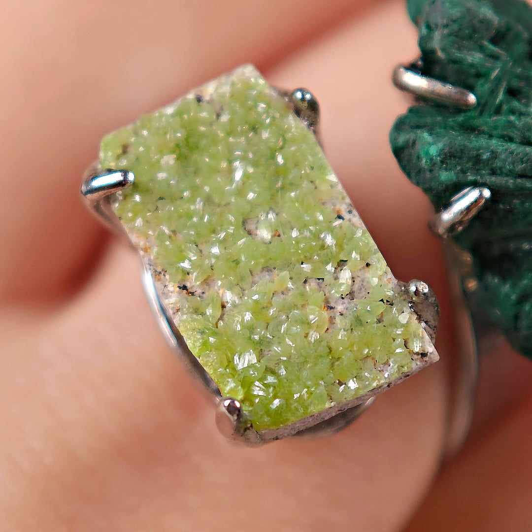 Raw Malachite&Pyromorphite Adjustable Ring – Natural Mineral Stone Ring, Handmade One of a Kind Jewelry-031