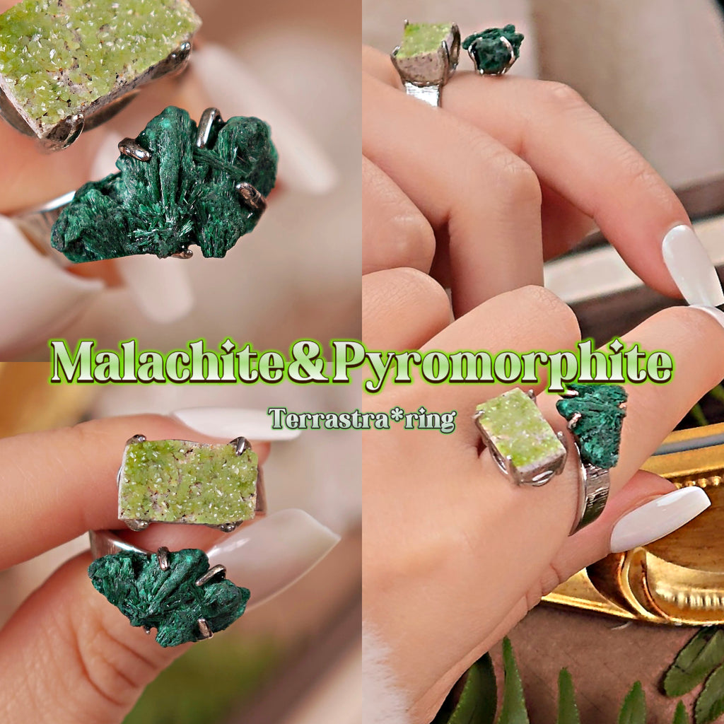 Raw Malachite&Pyromorphite Adjustable Ring – Natural Mineral Stone Ring, Handmade One of a Kind Jewelry-031