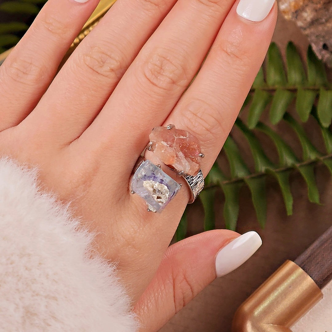 Raw YGX Fluorite&sunstone Adjustable Ring – Natural Mineral Stone Ring, Handmade One of a Kind Jewelry-032