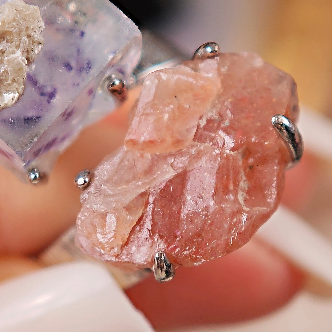 Raw YGX Fluorite&sunstone Adjustable Ring – Natural Mineral Stone Ring, Handmade One of a Kind Jewelry-032