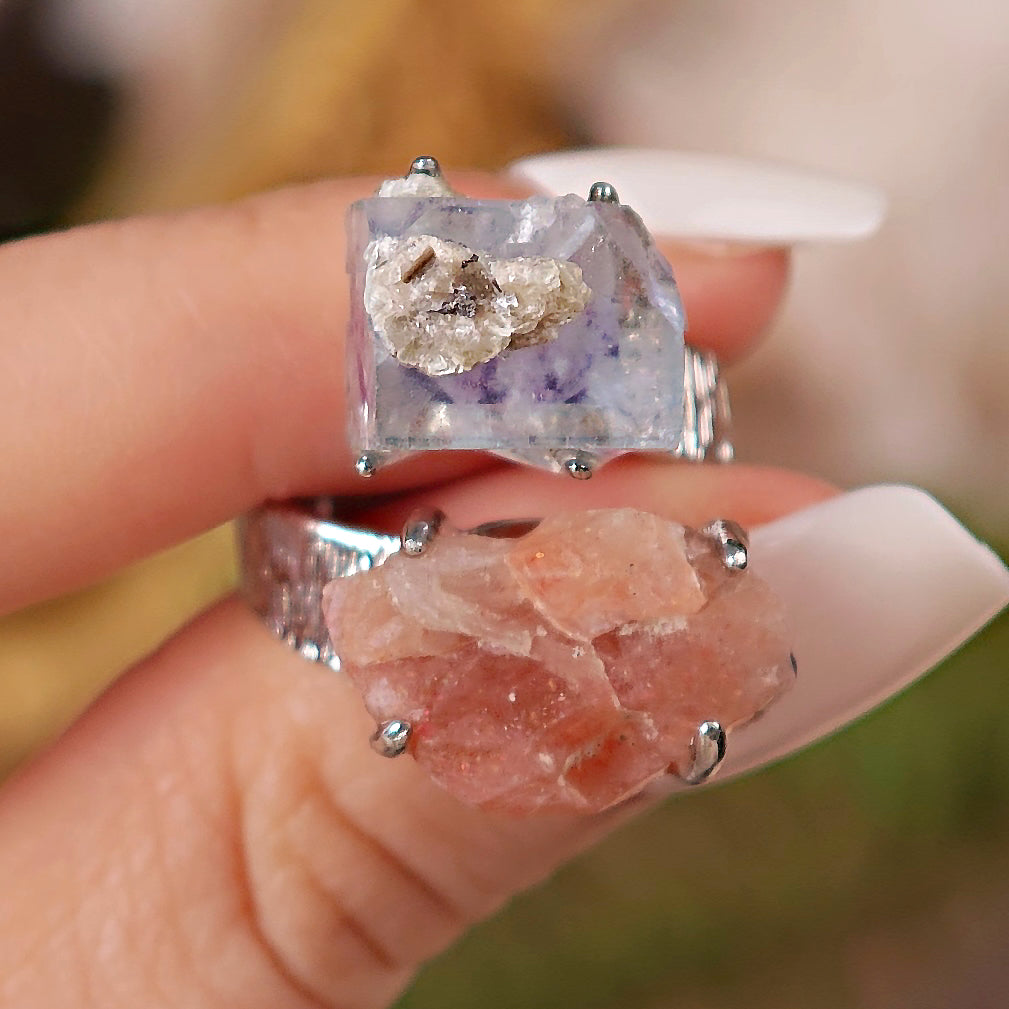 Raw YGX Fluorite&sunstone Adjustable Ring – Natural Mineral Stone Ring, Handmade One of a Kind Jewelry-032