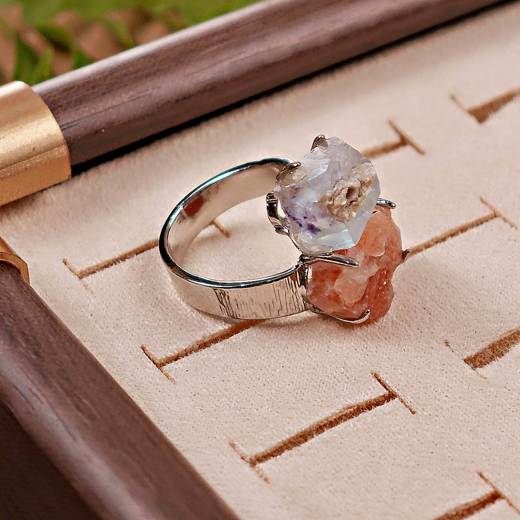 Raw YGX Fluorite&sunstone Adjustable Ring – Natural Mineral Stone Ring, Handmade One of a Kind Jewelry-032