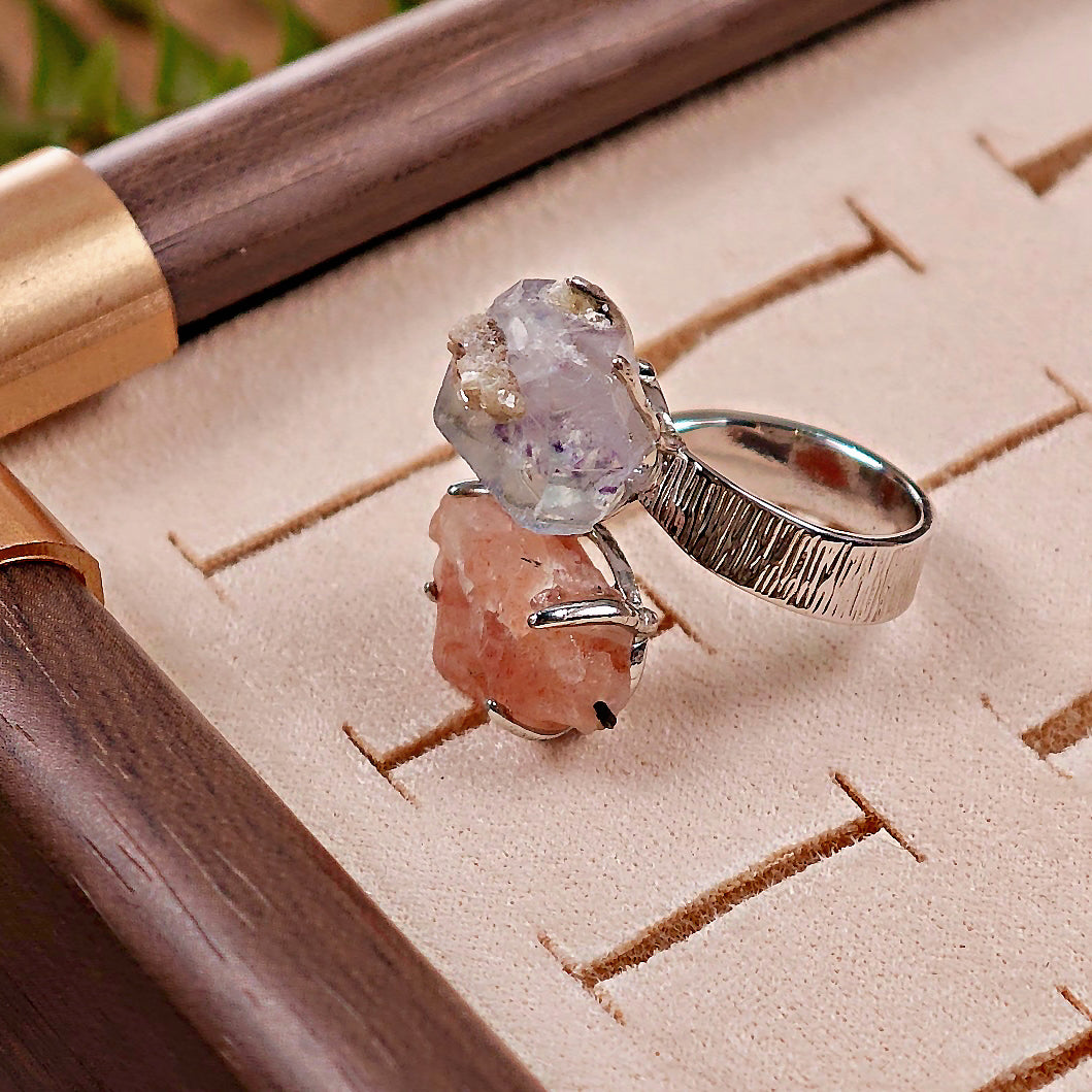 Raw YGX Fluorite&sunstone Adjustable Ring – Natural Mineral Stone Ring, Handmade One of a Kind Jewelry-032