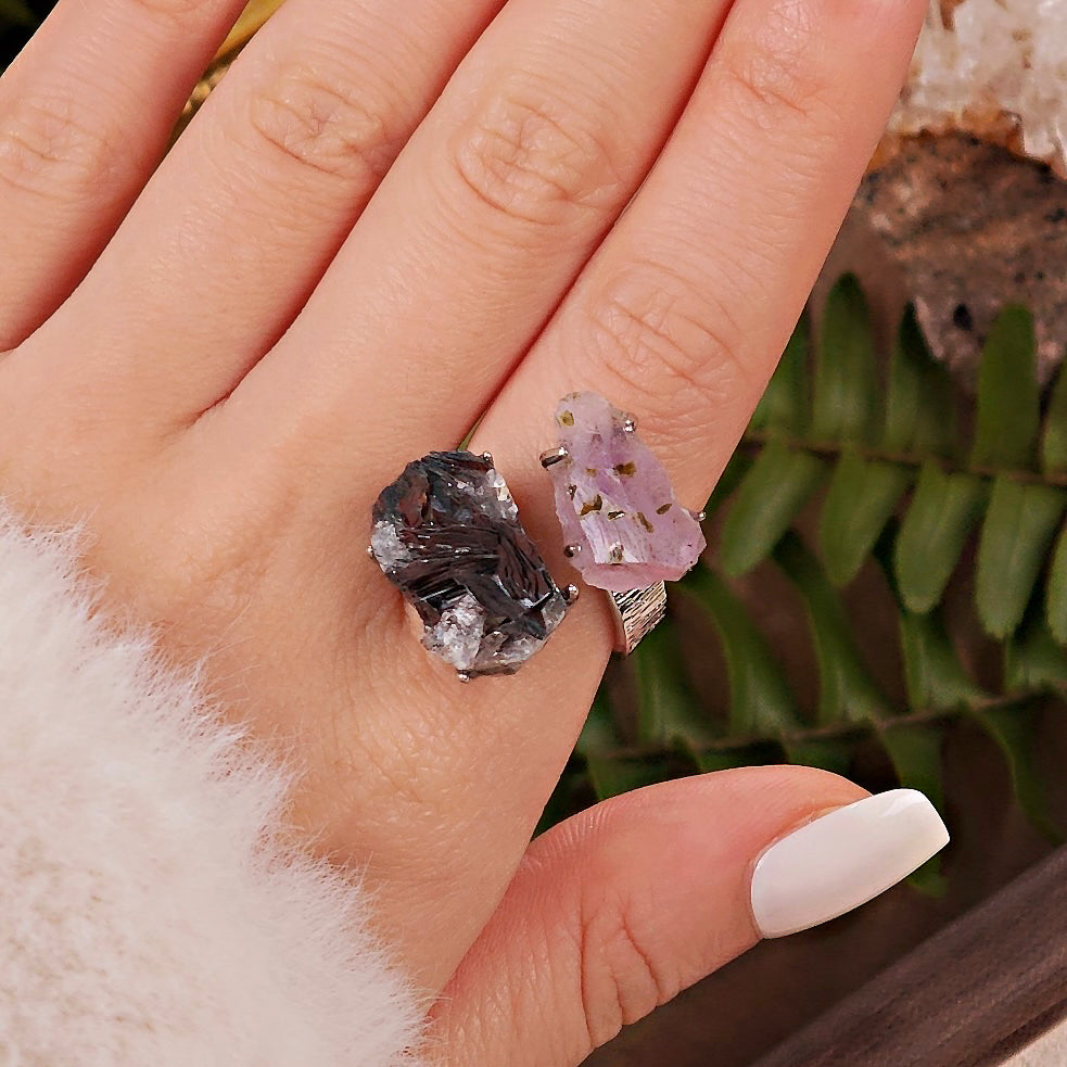 Raw Garden Quartz&specular Adjustable Ring – Natural Mineral Stone Ring, Handmade One of a Kind Jewelry-033