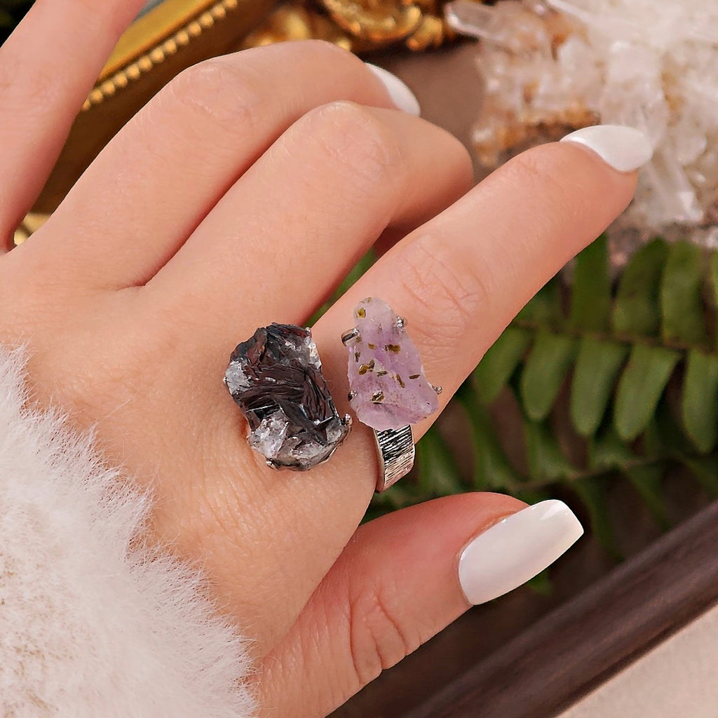 Raw Garden Quartz&specular Adjustable Ring – Natural Mineral Stone Ring, Handmade One of a Kind Jewelry-033